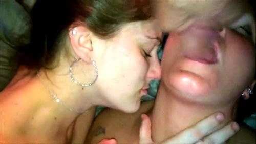 Girls kiss while jerks off all over