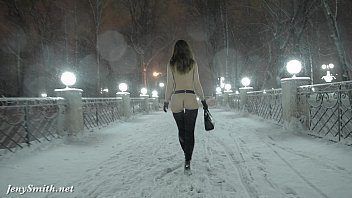Girl with snowy cold dildo